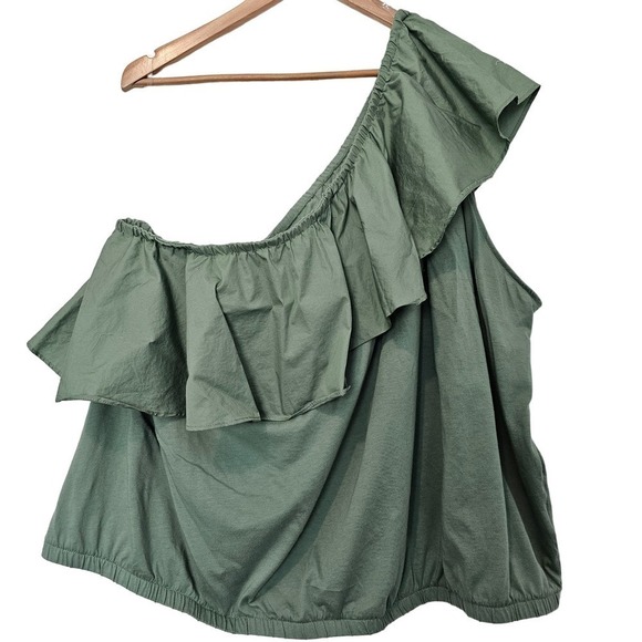 A New Day Blouse Womens 3X Green One Shoulder Ruffle Sleeveless Boho Top - Picture 1 of 9